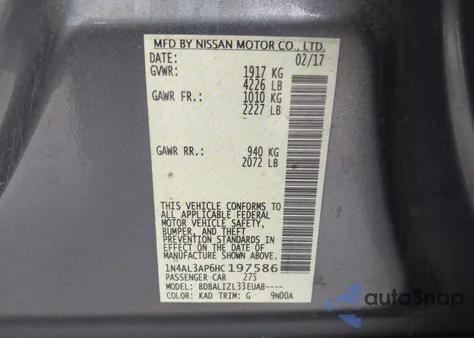 2017 Nissan Altima 2.5 Sv z USA, uszkodzony, nr VIN 1N4AL3AP6HC197586